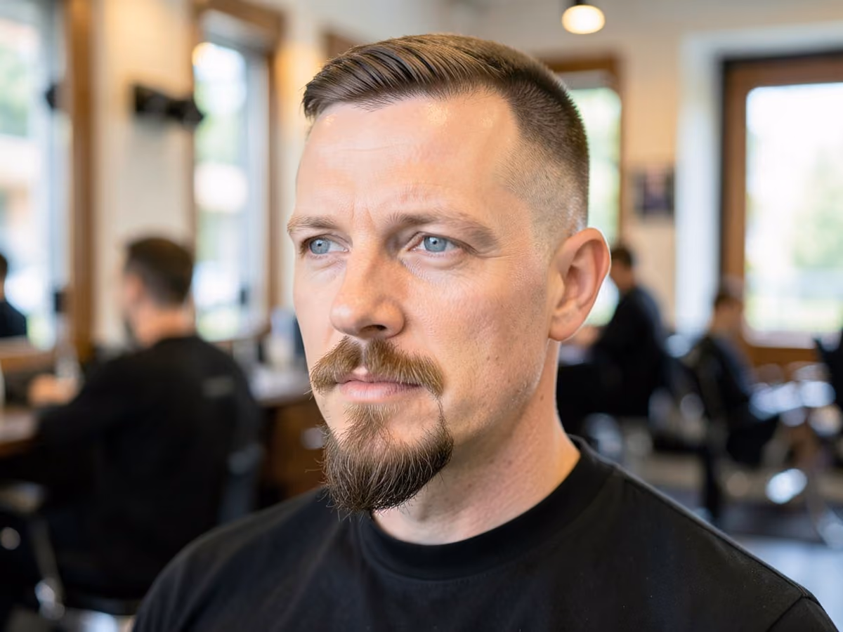 Man with a french crop with goatee haircut
