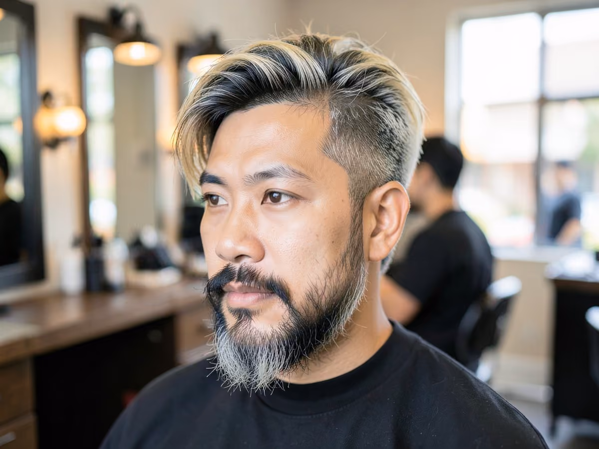 Man with a grown out frosted tips haircut
