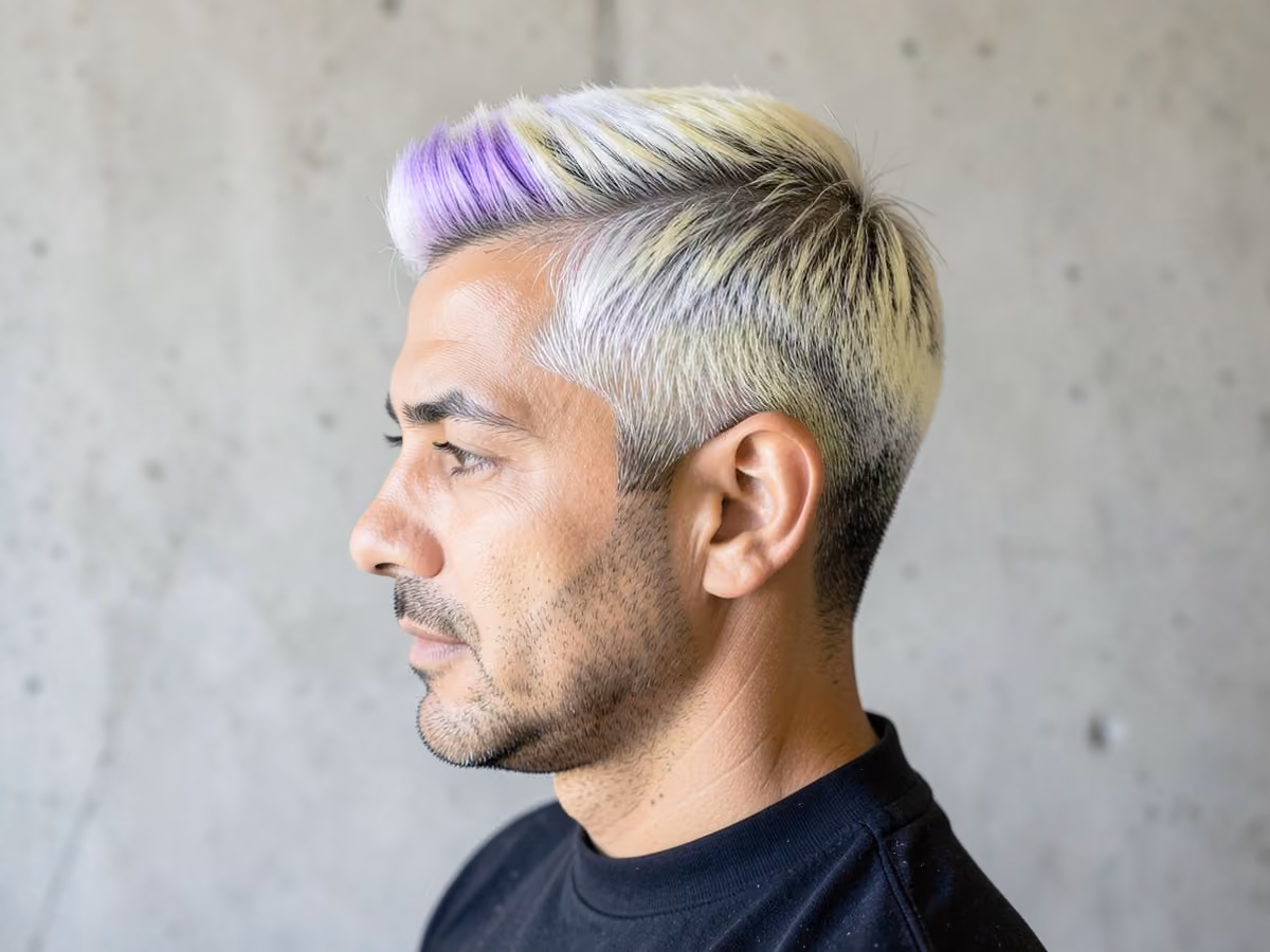 Man with a platinum frosted tips haircut
