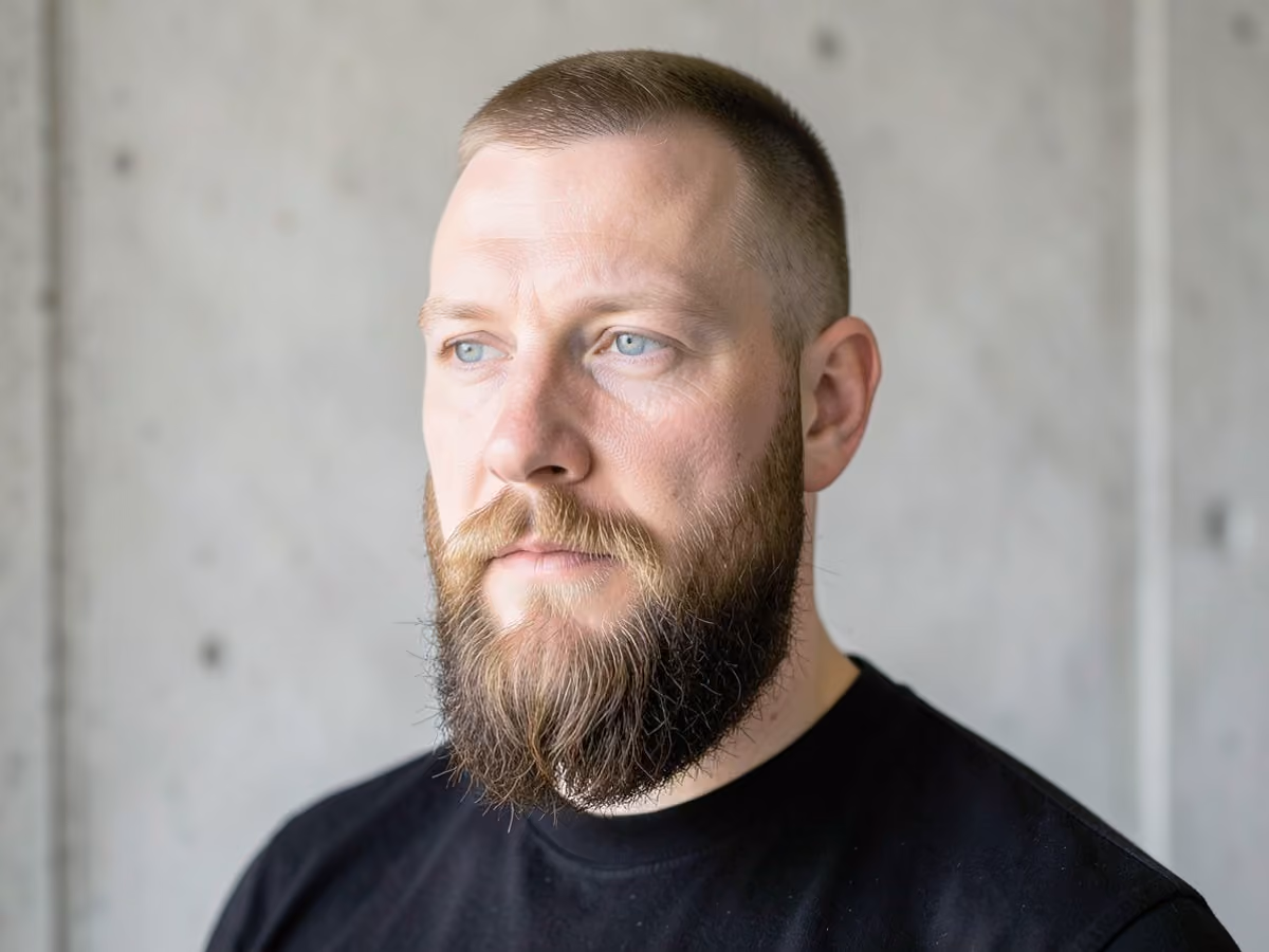 Man with a full beard for round face haircut