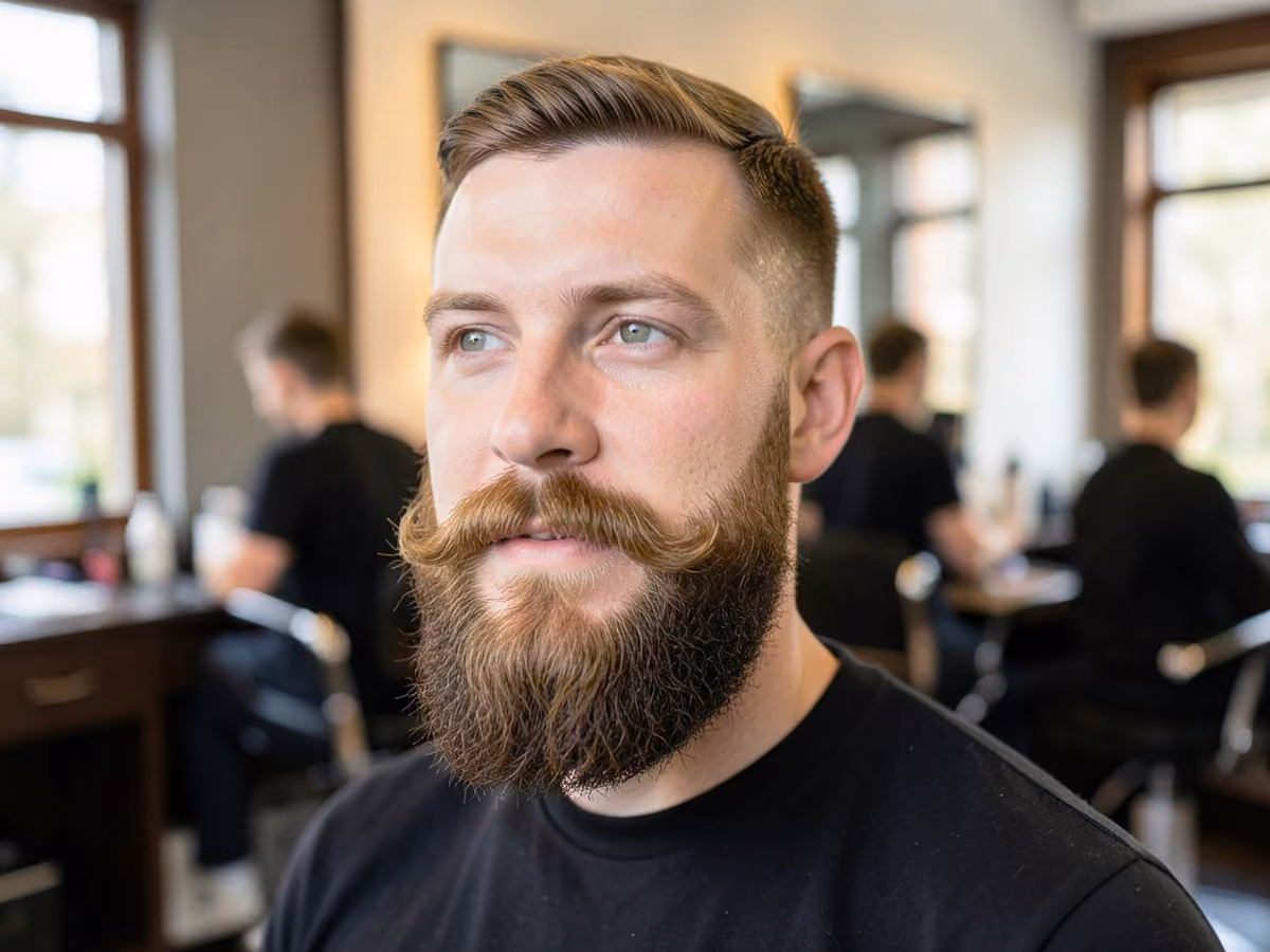 Man with a full beard with curled mustache haircut