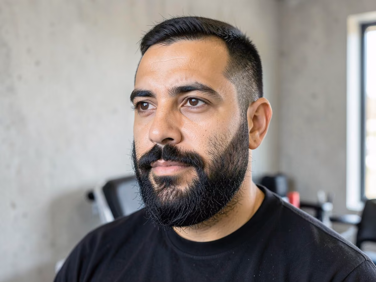 Man with a full beard with natural cheek line haircut