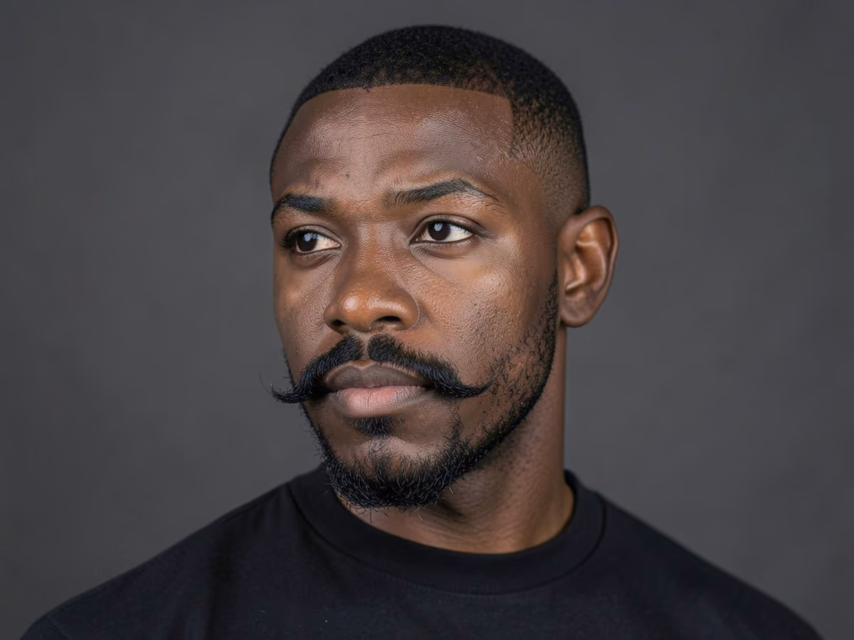 Man with a goatee with chevron mustache haircut