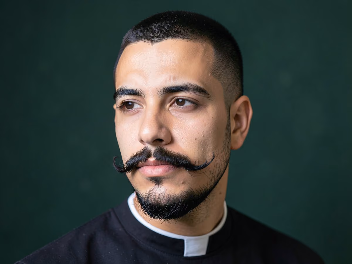 Man with a goatee with handlebar mustache haircut