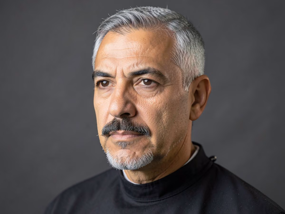 Man with a goatee with pencil mustache haircut