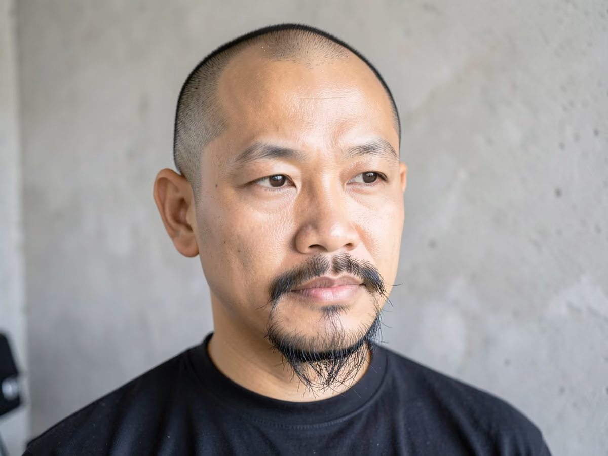 Man with a goatee with shaved head haircut