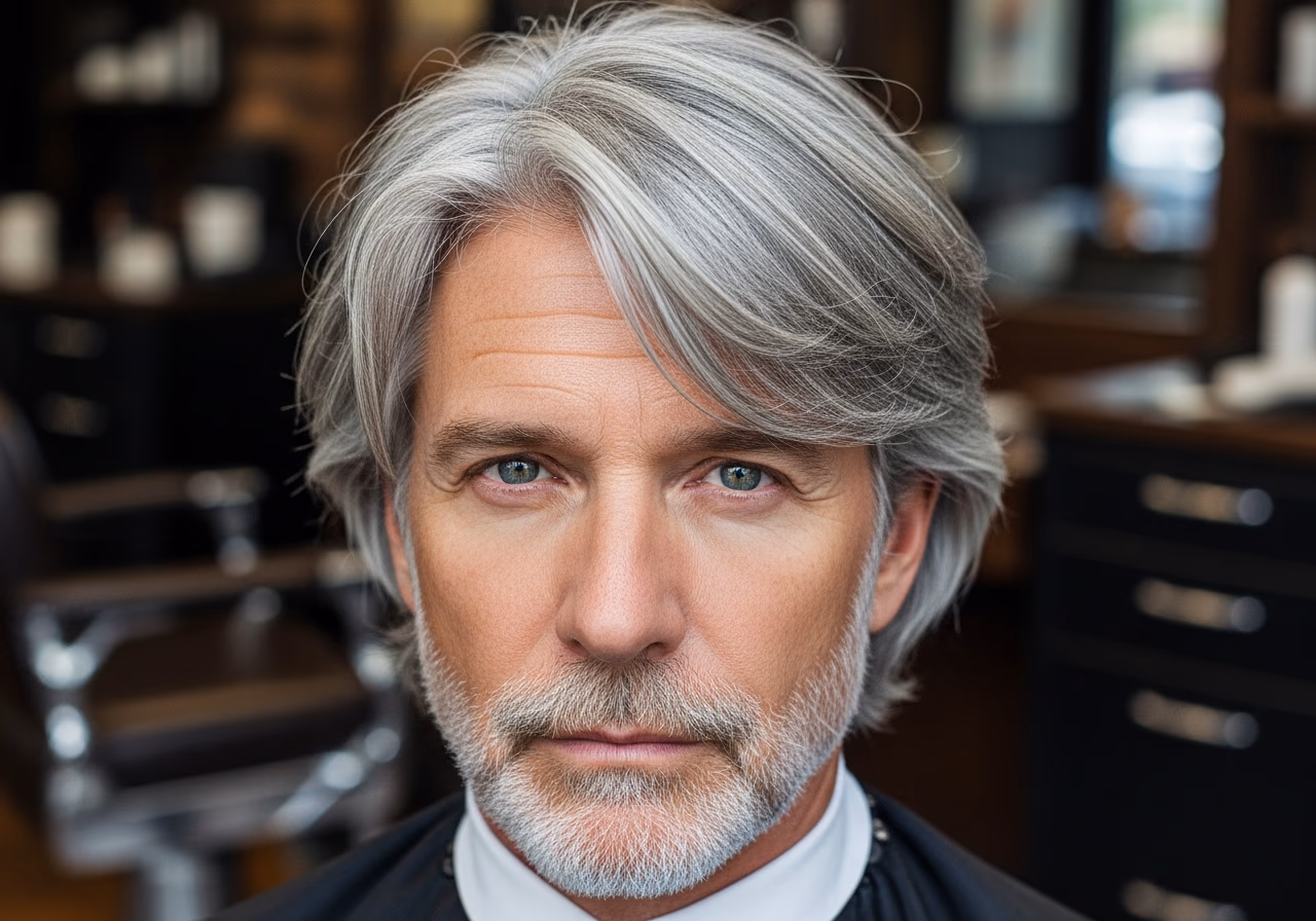 Gray Hair Styles for Men 2026 - Gray Curtain Bangs with Texture