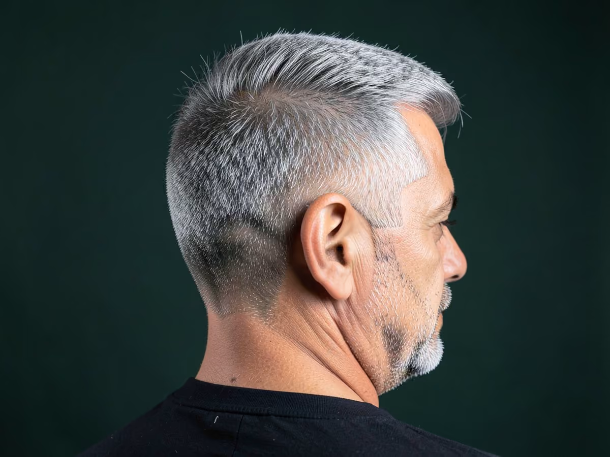 Man with a gray comb over with taper haircut