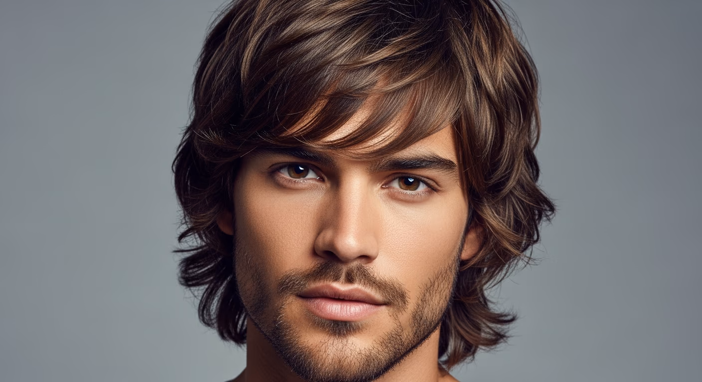 Square Face Grown Out Shag hairstyle for men 2026 — grown-out shag variation, best for office professionals, modern barbering by Master Stylist Jessica Hamilton