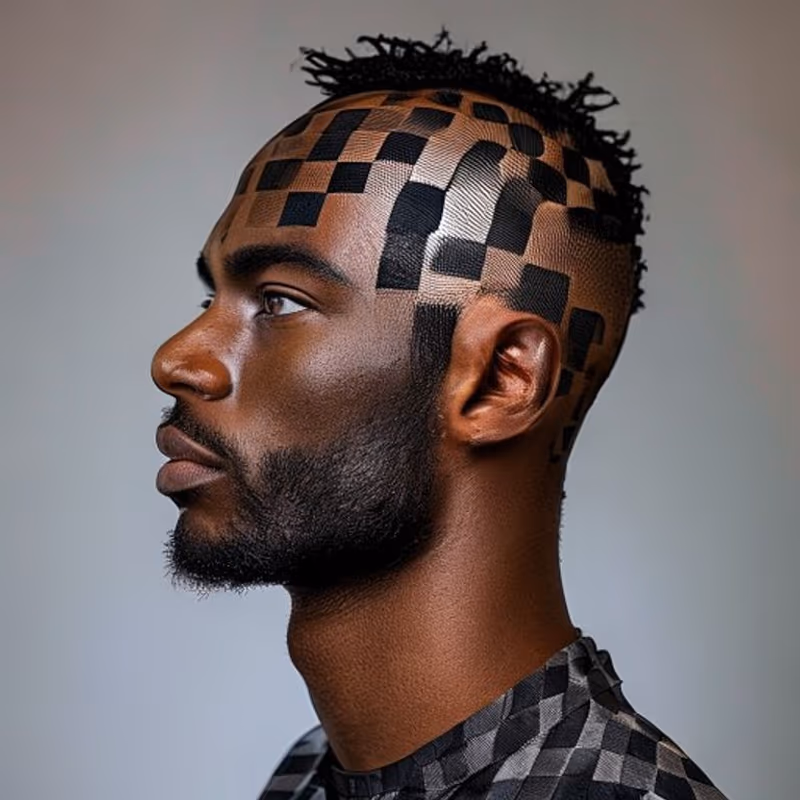 Checkerboard Design hairstyle for men 2026 — Hair Designs variation, best for Bold, statement, eye-catching, modern barbering by Master Stylist Jessica Hamilton