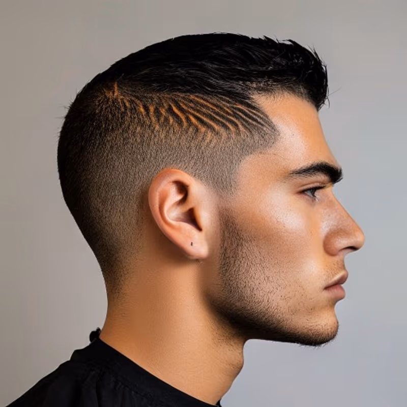 Flame Design hairstyle for men 2026 — Hair Designs variation, best for Bold, fiery, statement, modern barbering by Master Stylist Jessica Hamilton