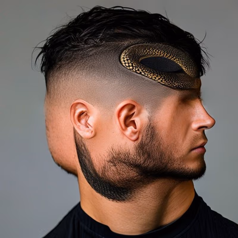 Snake Design hairstyle for men 2026 — Hair Designs variation, best for Kinetic, wrapping, dramatic, modern barbering by Master Stylist Jessica Hamilton