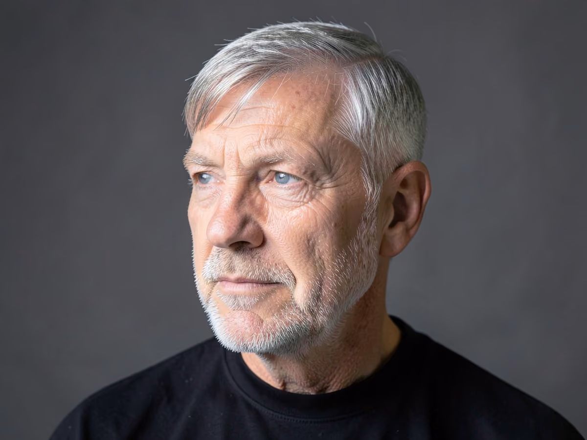 Man with a forward fringe grow-in cut