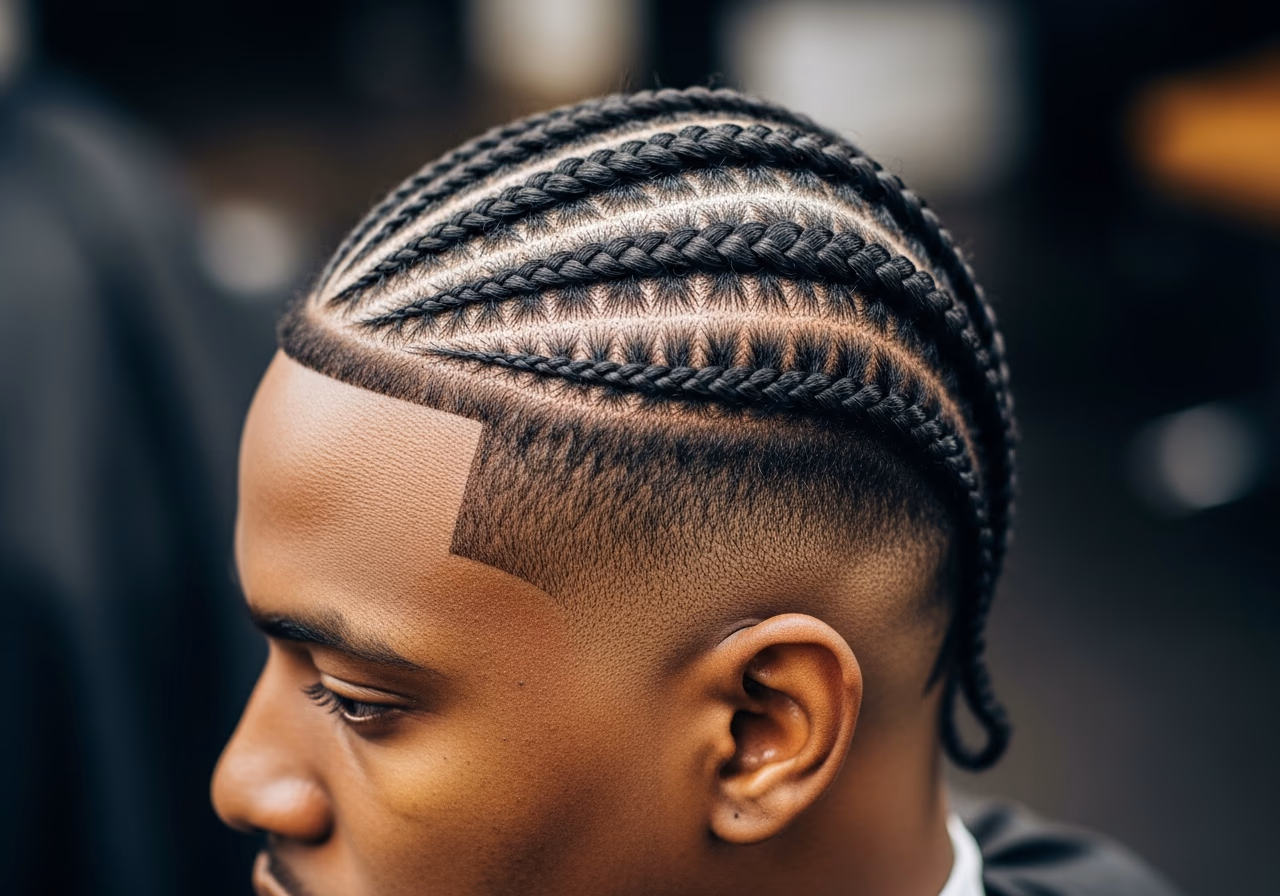 Haircuts for Black Men 2026 - Burst Fade with Cornrow Designs