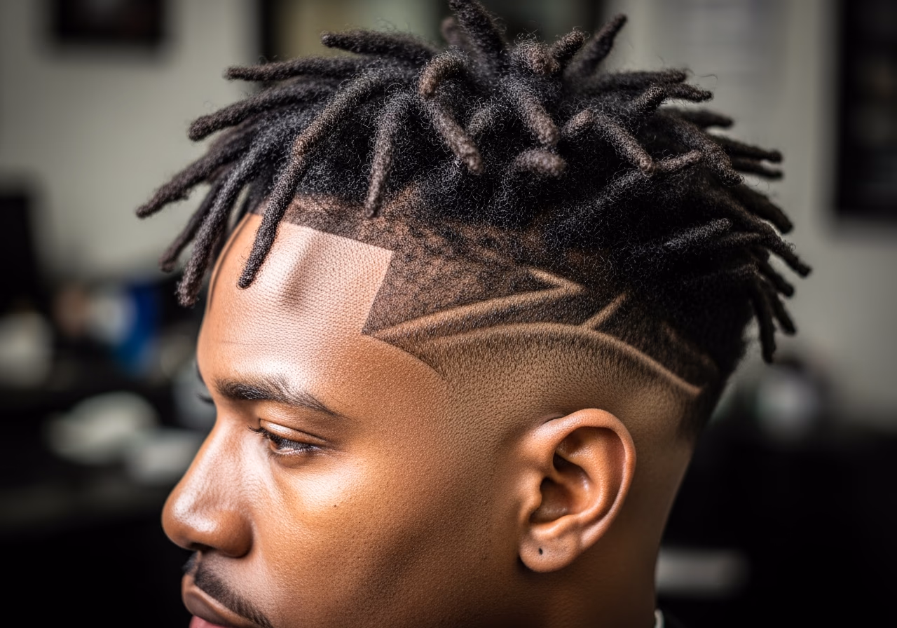 Haircuts for Black Men 2026 - Low Taper with Medium Locs and Design