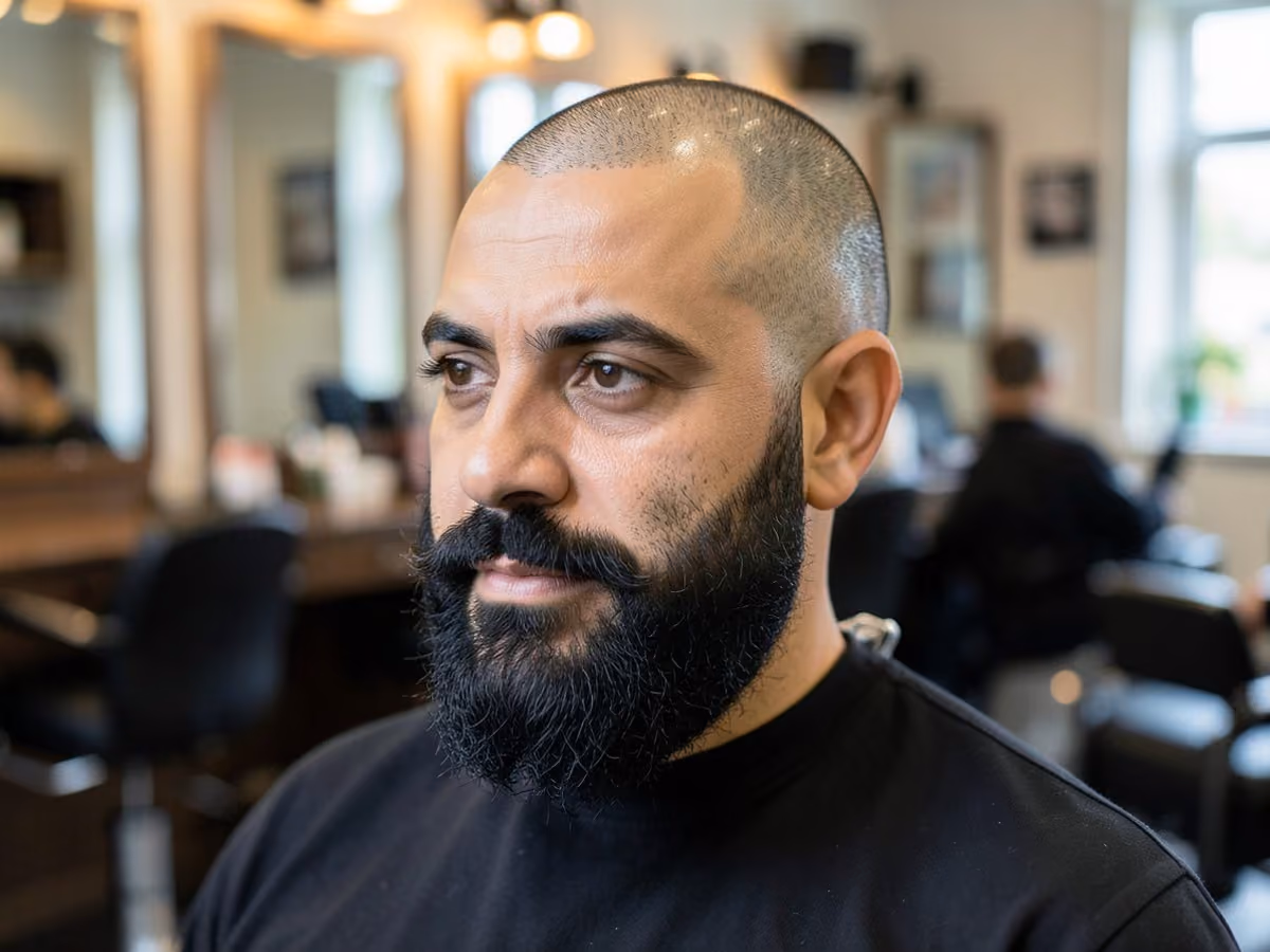 Man with a midlife shaved head haircut