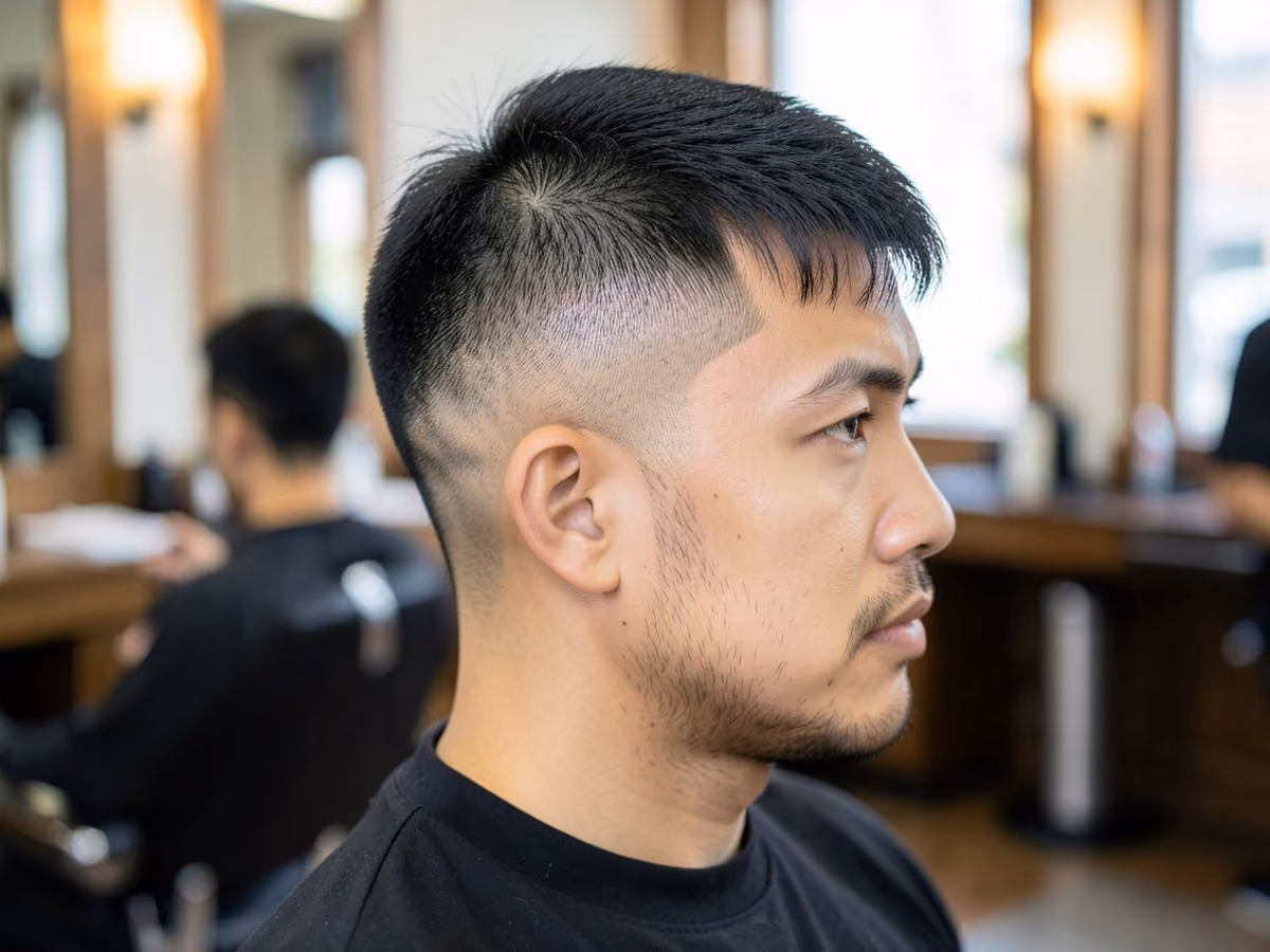 Man with a receding temples crop haircut