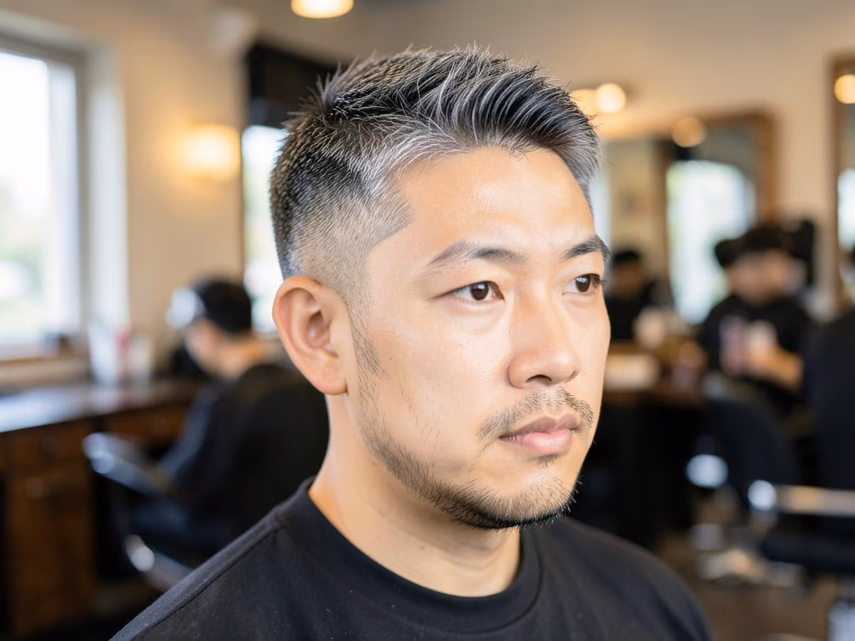 Man with a salt and pepper textured crop haircut
