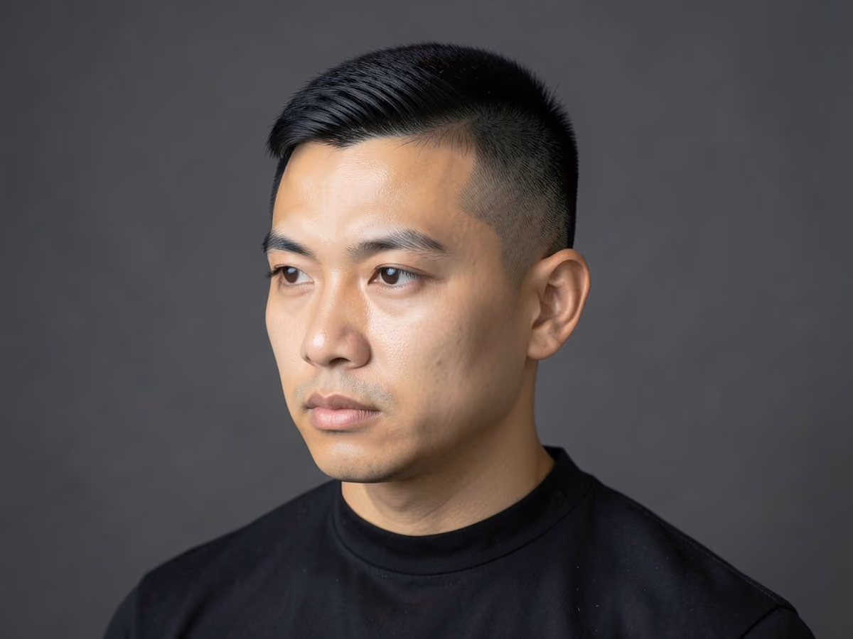 Man with a short forward brush cut