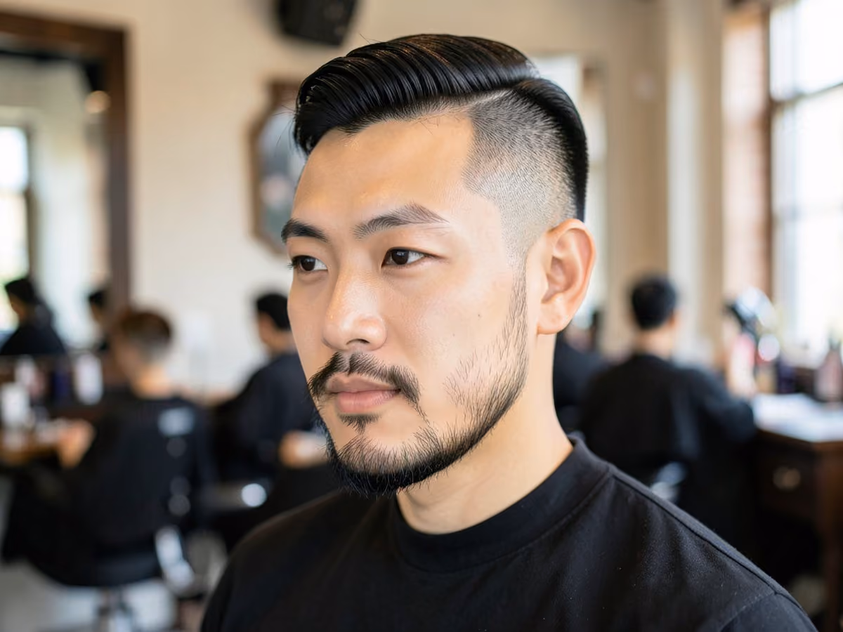 Man with a side part with trimmed beard