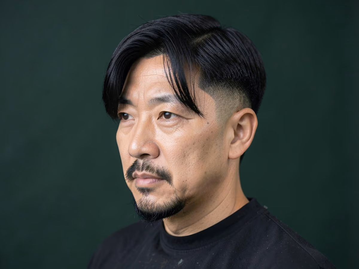 Man with an asian two block with goatee haircut