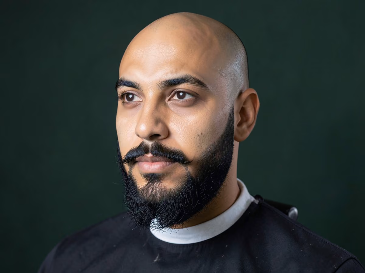 Man with a bald head with anchor beard haircut