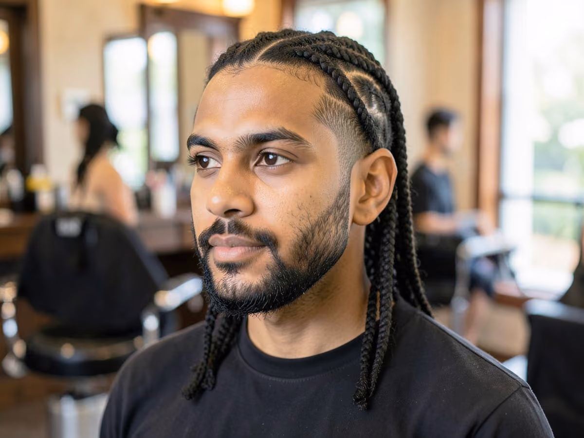 Man with a box braids with short beard haircut