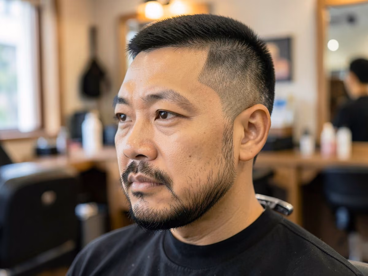 Man with a burr cut with short beard