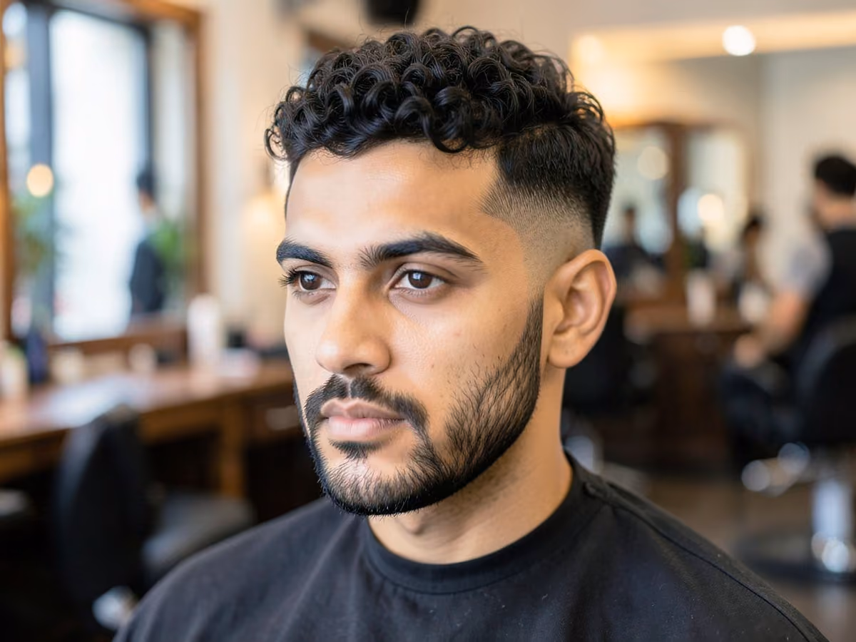 Man with a curly crop with short boxed beard haircut