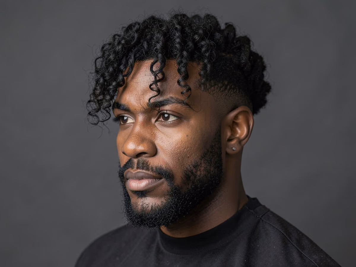 Man with a curly fringe with heavy stubble haircut