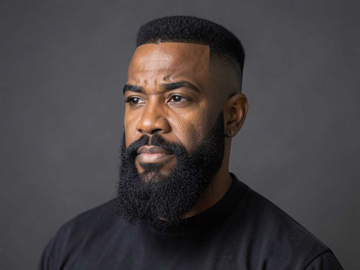 Man with a flat top with full boxed beard