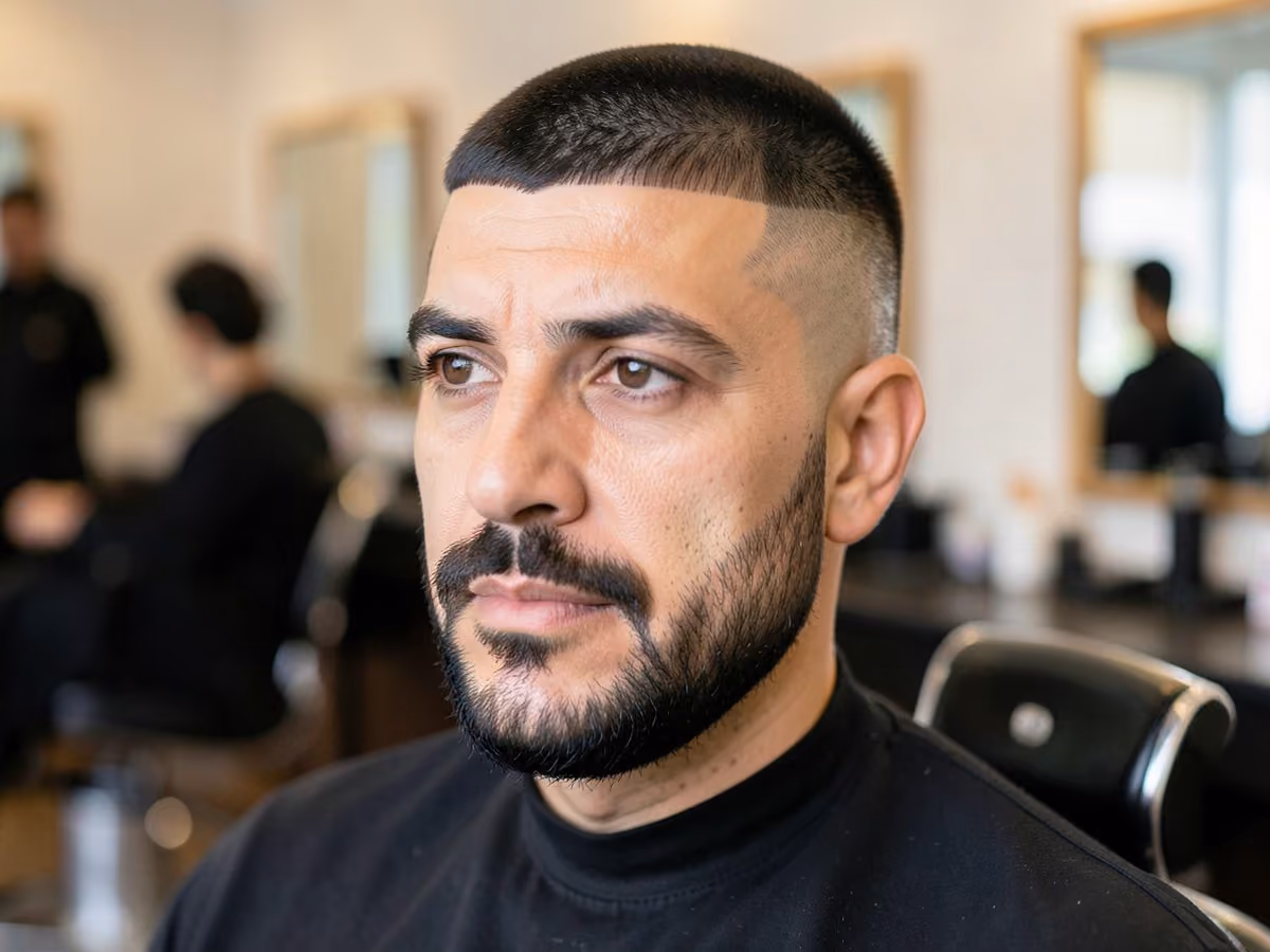 Man with a french crop with chin strap beard haircut