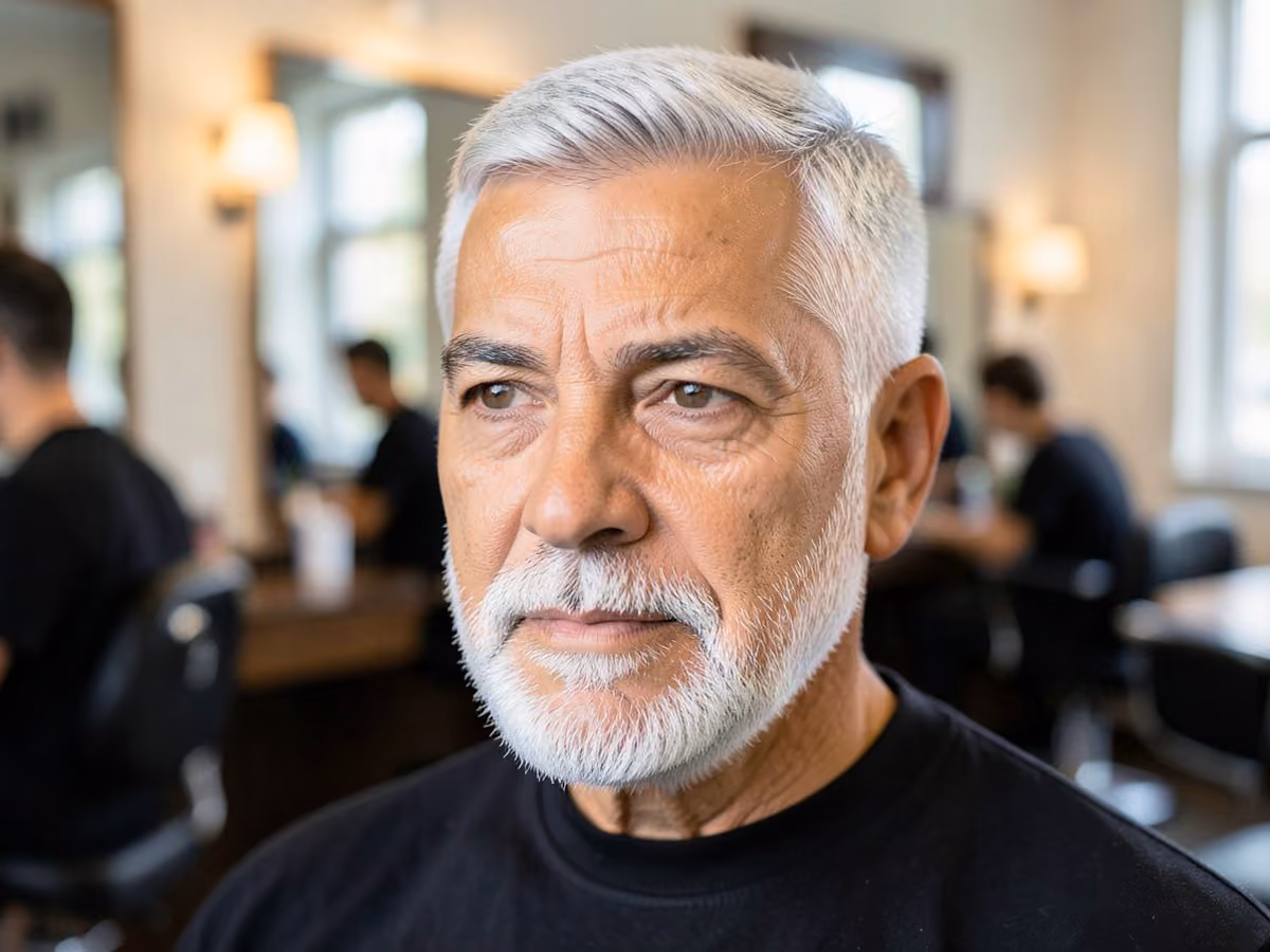 Man with a gray crew cut with white beard