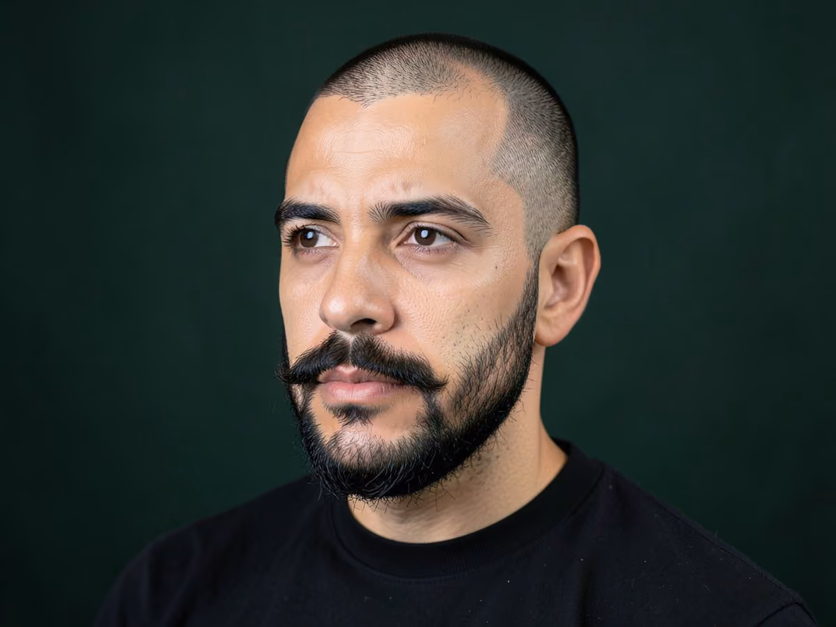Man with a grown out buzz with beardstache