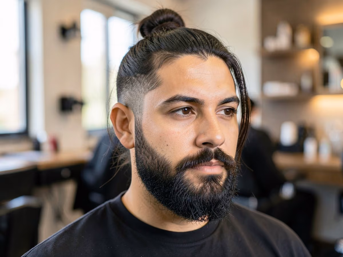 Man with a half up bun with full beard haircut