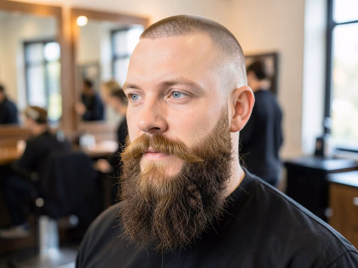 Man with an induction buzz with viking beard