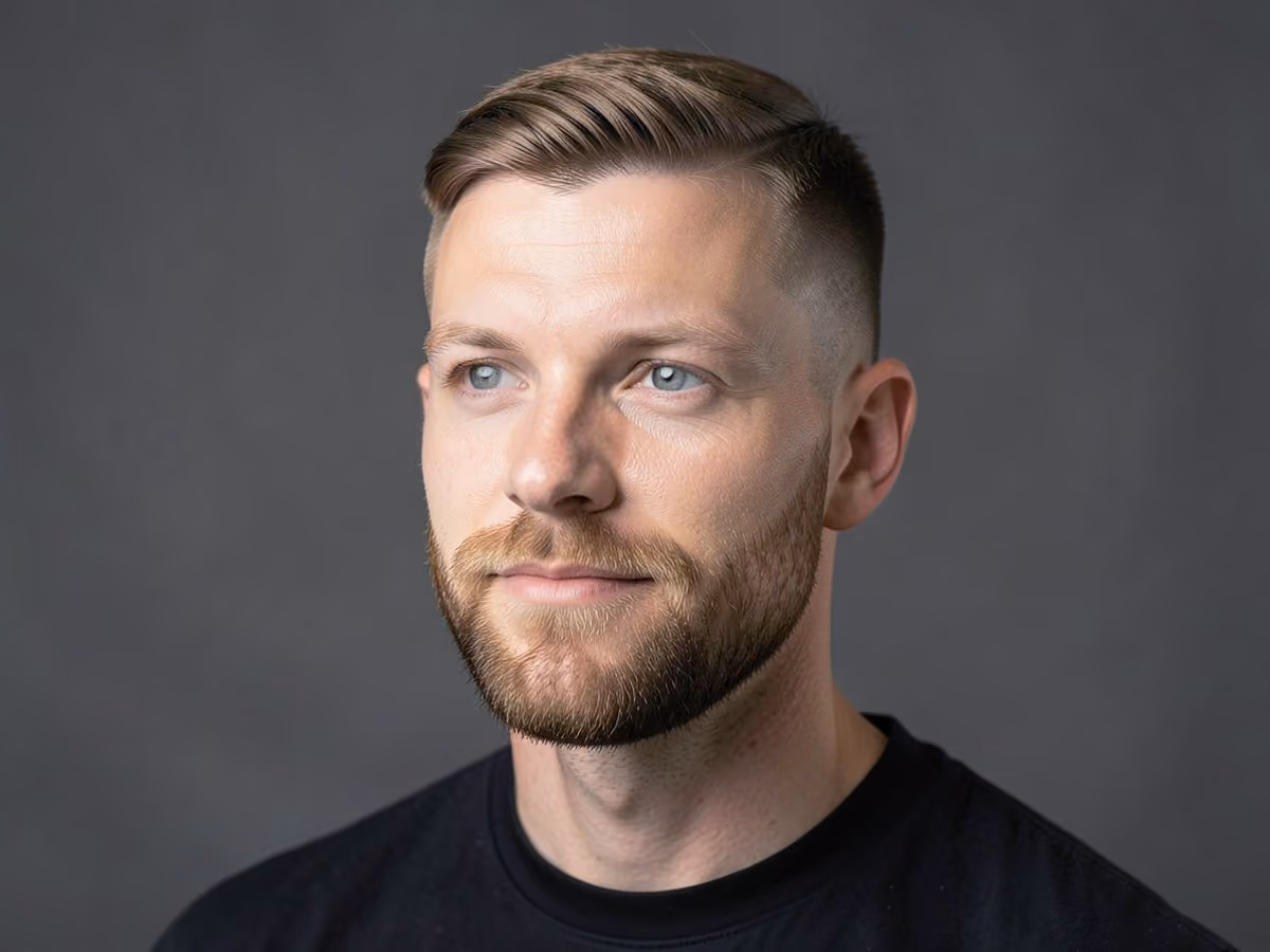 Man with a low taper with short boxed beard haircut