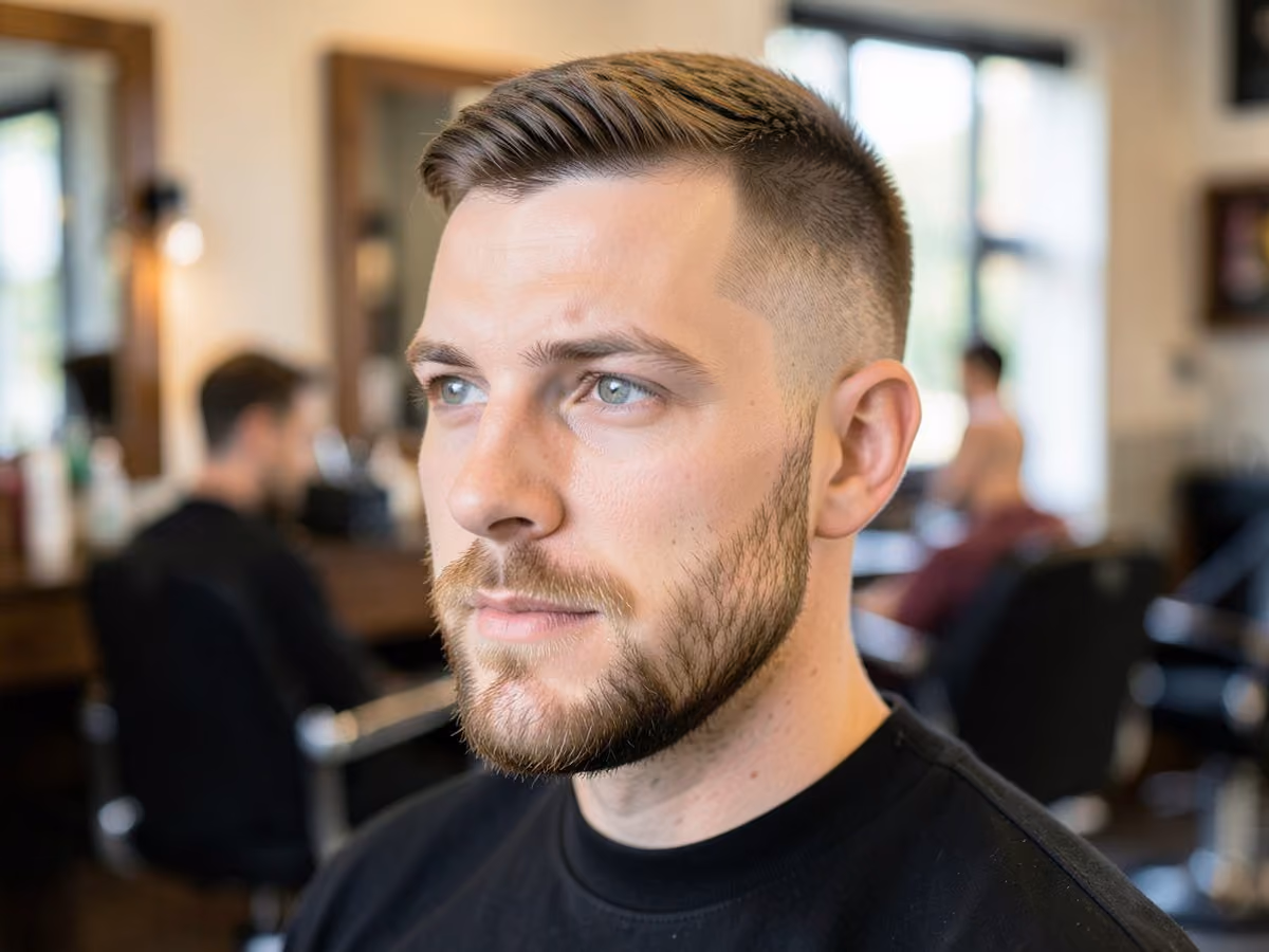 Man with a mid fade with patchy beard