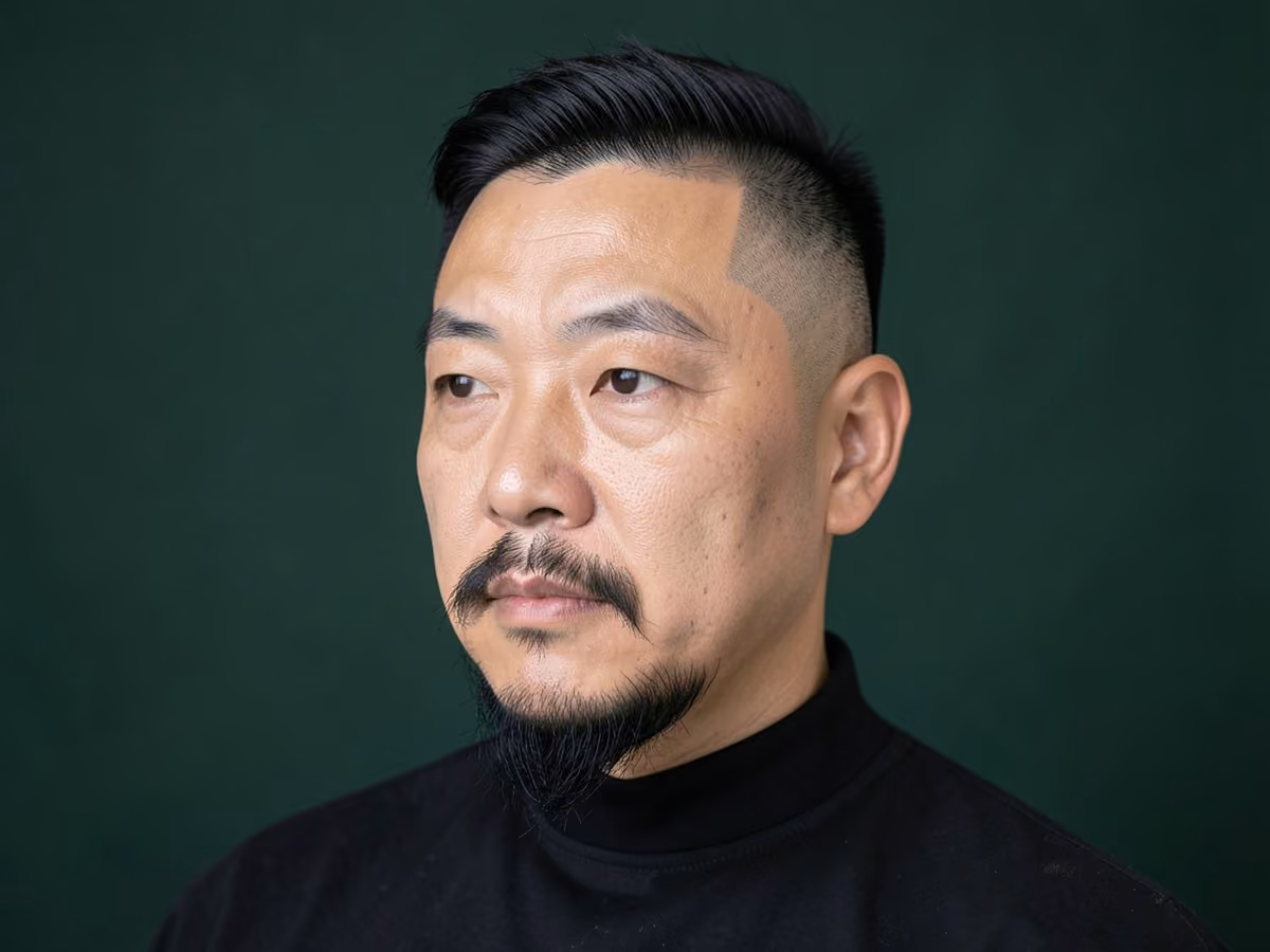 Man with a mid skin fade with ducktail beard