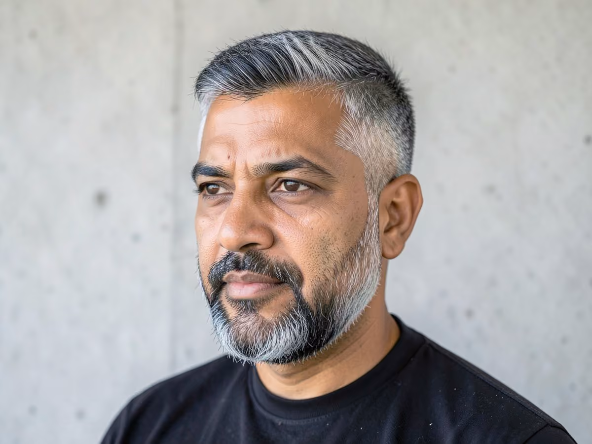 Man with a salt and pepper crop with beard haircut