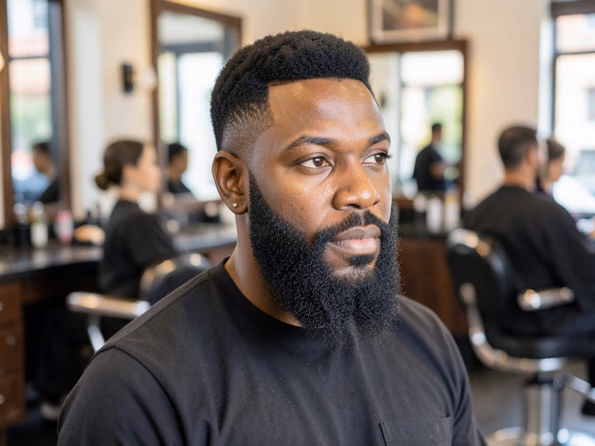 Man with a short afro with full beard haircut