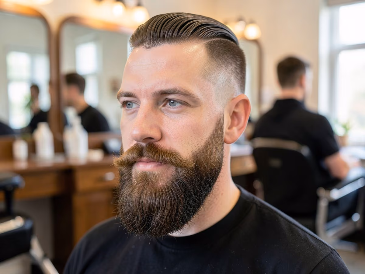 Man with a side part with garibaldi beard