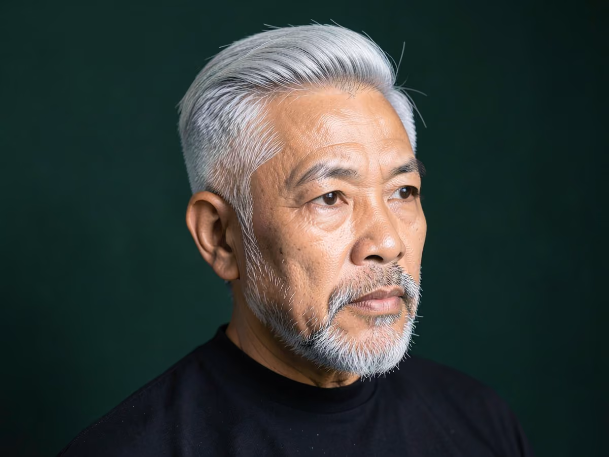 Man with a silver side part with gray beard