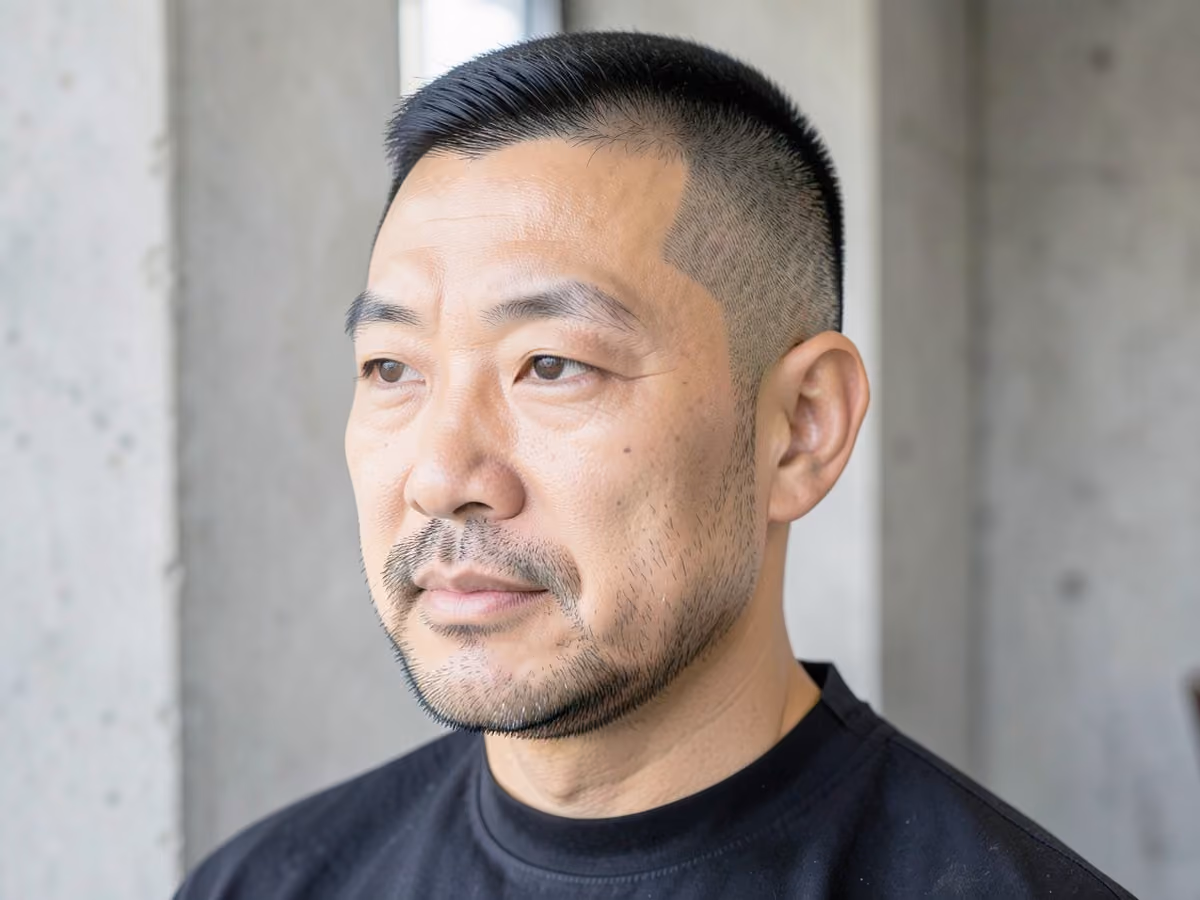 Man with a square jaw haircut with stubble