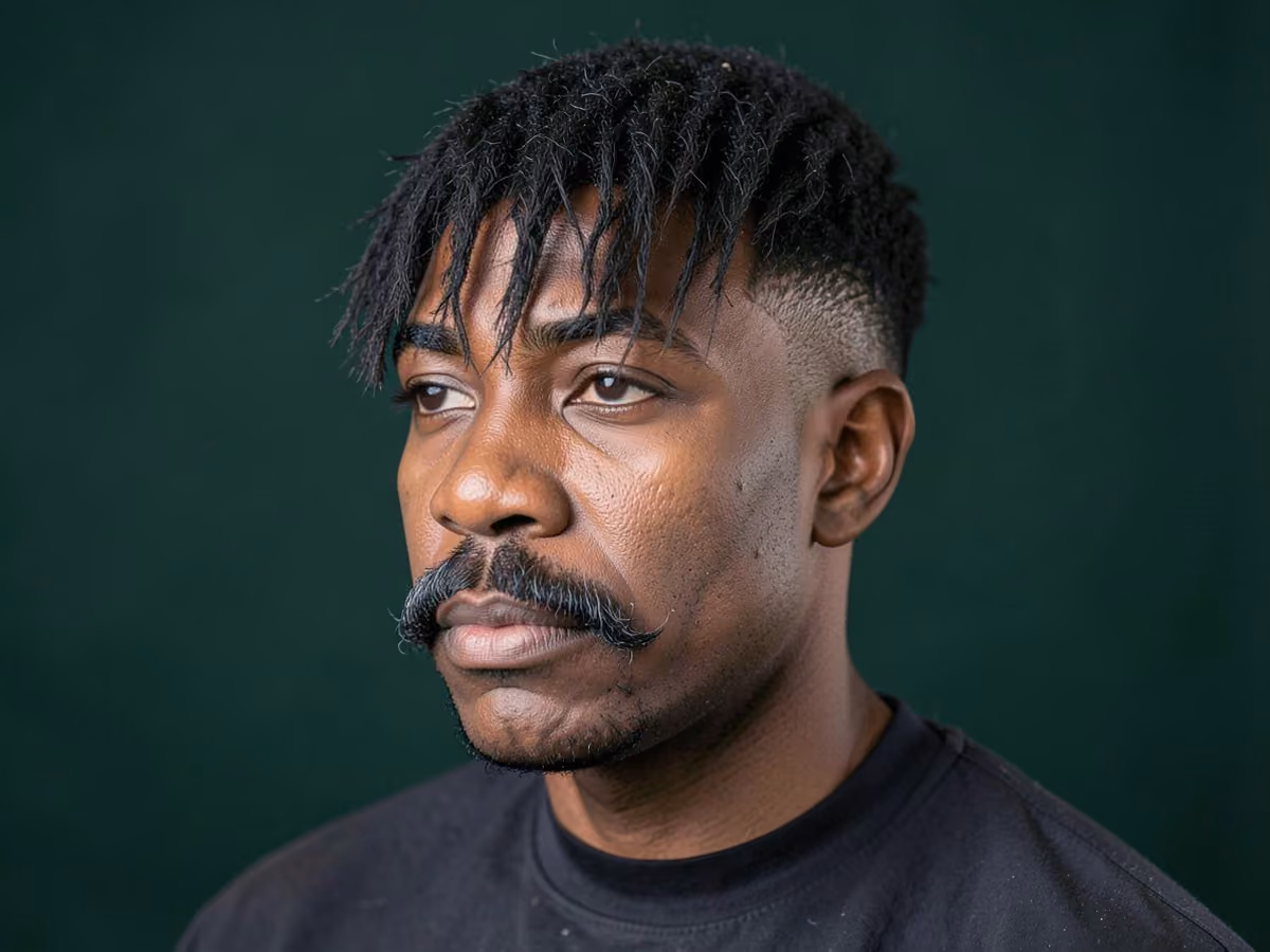 Man with a textured fringe with mustache haircut