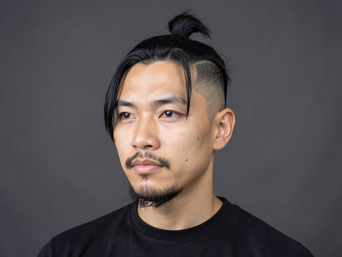 Man with a top knot with ducktail beard