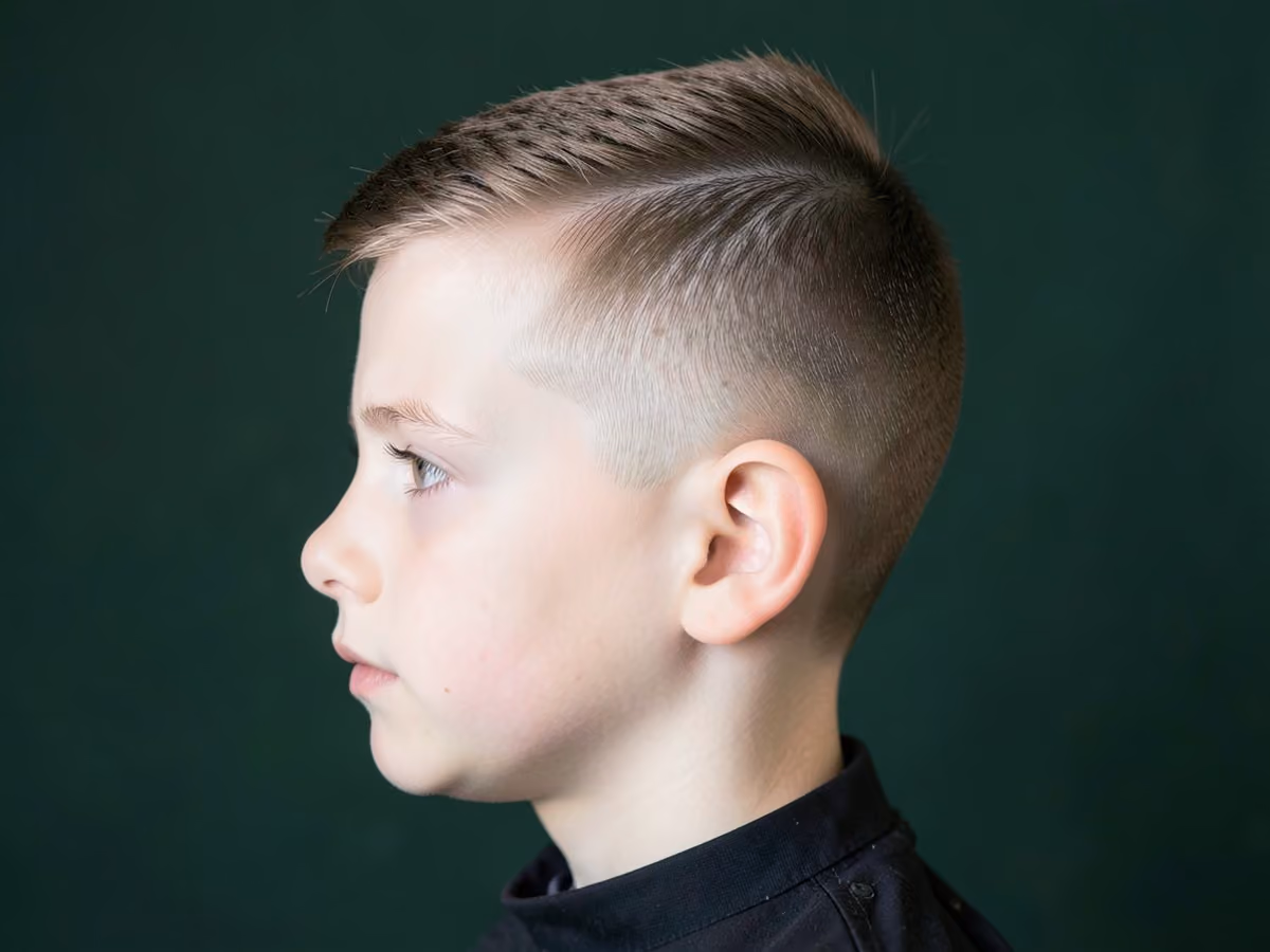 Boy with a boys hard part haircut