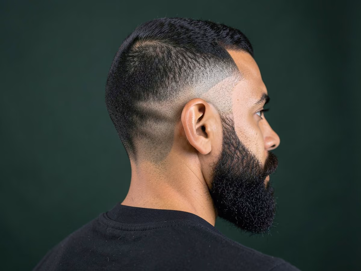 Man with a hard part drop skin fade