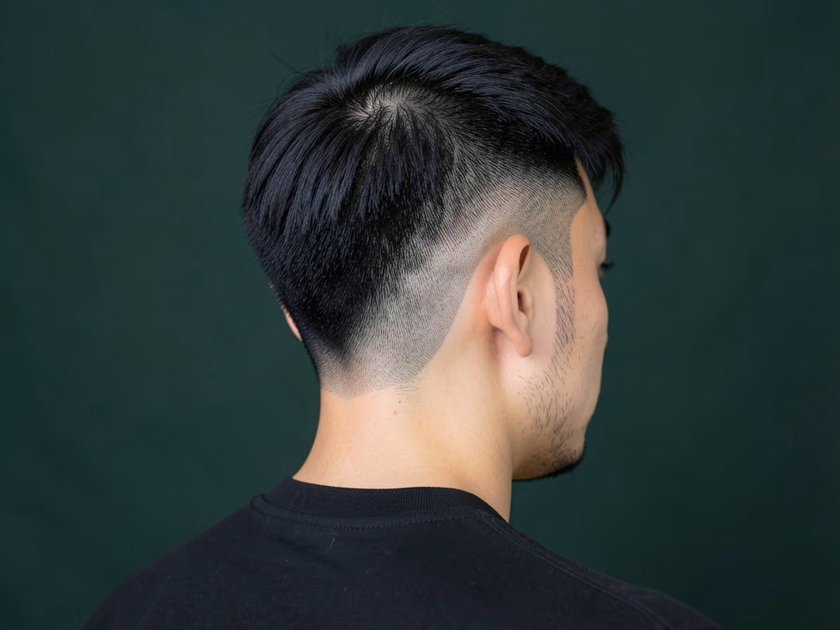 Man with a hard part low skin fade