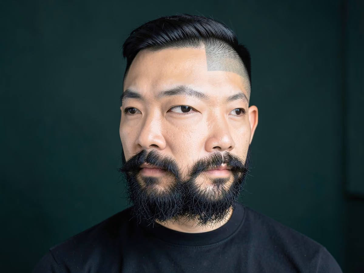 Man with a hard part mid skin fade